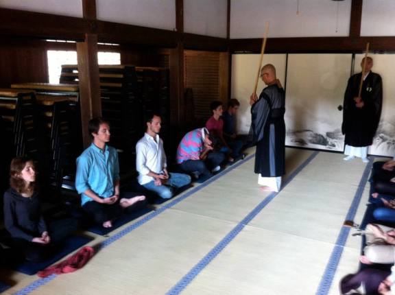 Rev. Fujio teaches zazen to university students at his parent temple Kencho-ji in Kamakura
